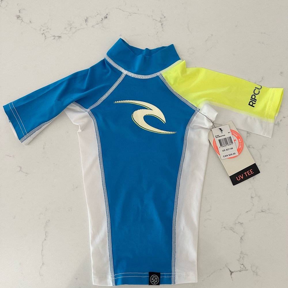 Rip Curl Kids Rash Guard - Blue, White, Neon Yellow